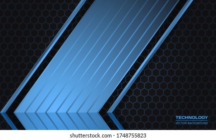 Blue metallic arrow on a dark abstract hexagonal grid background. Luxury overlap direction design. Modern futuristic blue and dark gray honeycomb backdrop. Vector illustration EPS10.