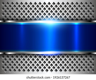 Blue metallic background, polished steel texture over perforated pattern backdop, vector design.: wektor stockowy