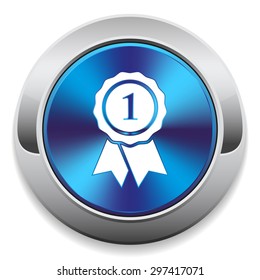 Blue metallic button with badge icon and silver border on white background