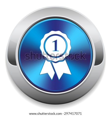 Blue metallic button with badge icon and silver border on white background