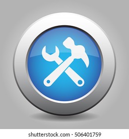 Blue metallic button with shadow. White claw hammer with spanner icon.