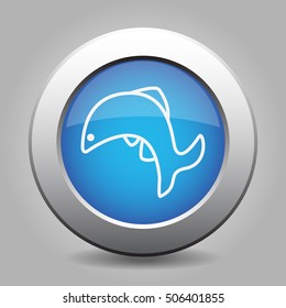 Blue metallic button with shadow. White fish jumping icon.