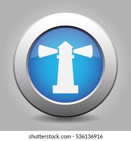 Blue metallic button with shadow. White lighthouse icon.