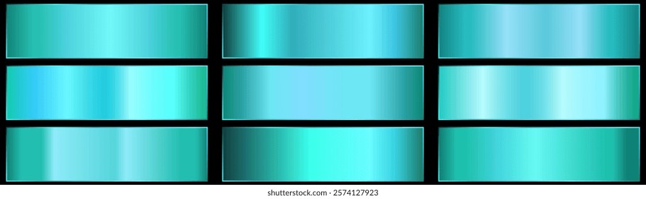 Blue metallic degraded background set. Gradation textures. Light blue metal gradient..
