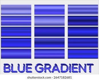 blue metallic gradients, swatches collection, shiny gradient set on black background, metal texture.