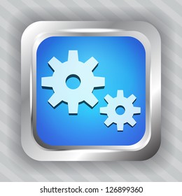 blue metallic icon with gear on striped background