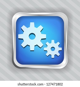 blue metallic icon with gear on striped background