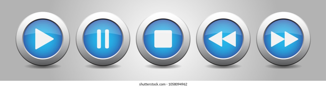 blue metallic music control buttons set - five icons with shadows in front of a gray background