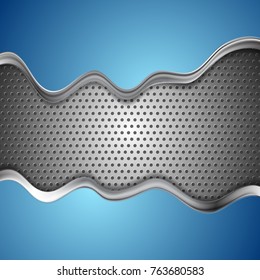 Blue and metallic perforated wavy background. Vector design