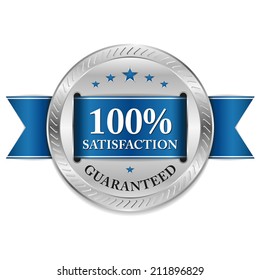 Blue metallic satisfaction badge with ribbon on white background