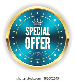 Blue metallic special offer badge with gold border