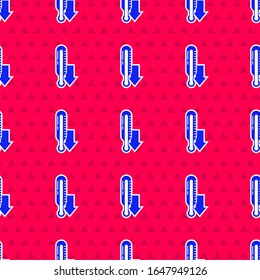 Blue Meteorology thermometer measuring icon isolated seamless pattern on red background. Thermometer equipment showing hot or cold weather.  Vector Illustration