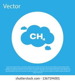 Blue Methane emissions reduction icon isolated on blue background. CH4 molecule model and chemical formula. Marsh gas. Natural gas. White circle button. Flat design. Vector Illustration
