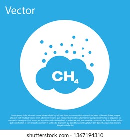 Blue Methane emissions reduction icon isolated on blue background. CH4 molecule model and chemical formula. Marsh gas. Natural gas. White circle button. Flat design. Vector Illustration