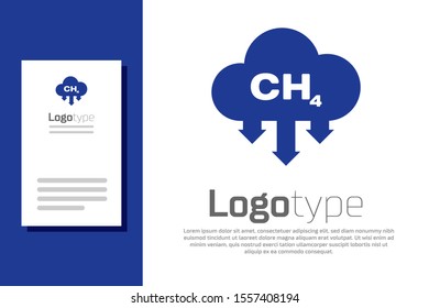 Blue Methane emissions reduction icon isolated on white background. CH4 molecule model and chemical formula. Marsh gas. Natural gas. Logo design template element. Vector Illustration