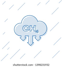 Blue Methane emissions reduction line icon isolated on white background. CH4 molecule model and chemical formula. Marsh gas. Natural gas. Vector Illustration