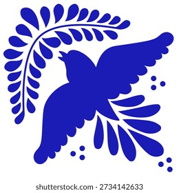 Blue Mexican Talavera Ceramic Tile With Bird. Pattern From Mexico. Traditional Puebla Songbird. Vector Illustration. 