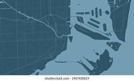 Mapa de fondo de vectores del área de la ciudad de Miami Azul, calles e ilustración de cartografía del agua. Proporción de pantalla ancha, mapa digital plano de diseño.