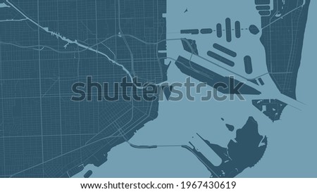 Blue Miami city area vector background map, streets and water cartography illustration. Widescreen proportion, digital flat design streetmap.