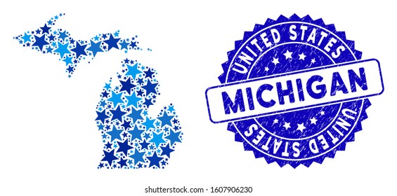 Blue Michigan State map mosaic of stars, and textured round stamp seal. Abstract territorial scheme in blue color tinges. Vector Michigan State map is composed of blue stars.