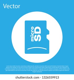 Blue Micro SD memory card icon isolated on blue background. White circle button. Flat design. Vector Illustration