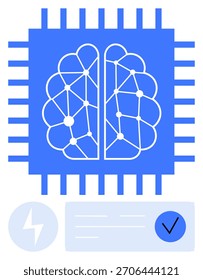 Microchip azul con conexiones de red neuronal de pulgares de cerebro, icono de relámpago y marca de verificación. Ideal para tecnología de IA, aprendizaje automático, redes neuronales, transformación digital, ciencia de datos, tecnología