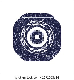 Blue microchip, microprocessor icon inside rubber grunge texture seal