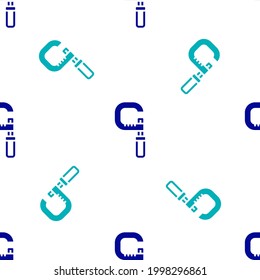 Icono del micrómetro azul aislado de un patrón sin fisuras sobre fondo blanco. Herramienta de ingeniería de medición. Dispositivo universal diseñado para medir dimensiones lineales.  Vector