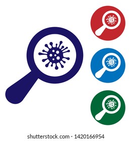 Blue Microorganisms under magnifier icon isolated on white background. Bacteria and germs, cell cancer, microbe, virus, fungi. Set color icon in circle buttons. Vector Illustration