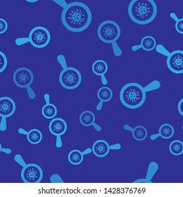 Blue Microorganisms under magnifier icon isolated seamless pattern on blue background. Bacteria and germs, cell cancer, microbe, virus, fungi.  Vector Illustration