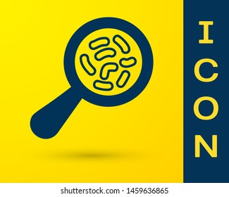 Blue Microorganisms under magnifier icon isolated on yellow background. Bacteria and germs, cell cancer, microbe, virus, fungi.  Vector Illustration