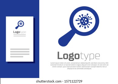 Blue Microorganisms under magnifier icon isolated on white background. Bacteria and germs, cell cancer, microbe, virus, fungi. Logo design template element. Vector Illustration