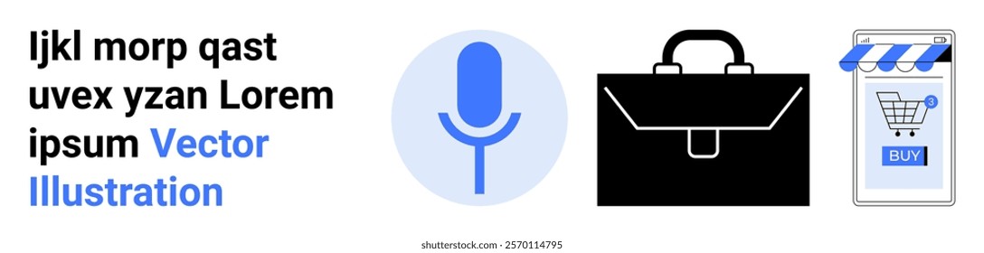 A blue microphone, a black briefcase, and a mobile shopping cart highlight business and technology integration. Ideal for tech, e-commerce, business communication, mobile apps, and marketing themes