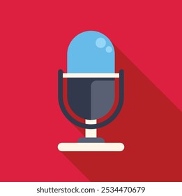 Blue microphone is broadcasting on a red background with a long shadow