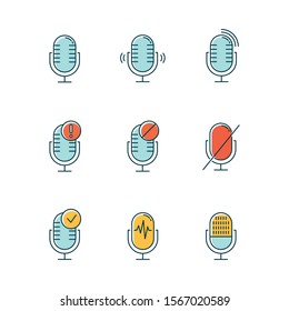 Blue microphone connection problem color icons set. Sound recorders idea. Connected mics. Different voice commands. Music equipment. Modern digital devices. Isolated vector illustrations