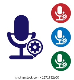 Blue Microphone and gear icon isolated on white background. Adjusting app, service concept, setting options, maintenance, repair, fixing. Set color icon in circle buttons. Vector Illustration Blue Microphone and gear icon isolated on white background. Adjusting app, service concept, setting options, maintenance, repair, fixing. Set color icon in circle buttons. Vector Illustration