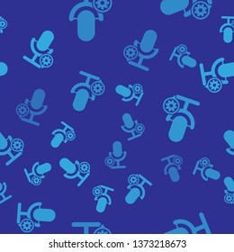 Blue Microphone and gear icon isolated seamless pattern on blue background. Adjusting app, service concept, setting options, maintenance, repair, fixing. Vector Illustration