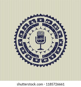 Blue microphone icon inside distress grunge stamp