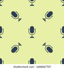 Blue Microphone icon isolated seamless pattern on yellow background. On air radio mic microphone. Speaker sign.  Vector Illustration