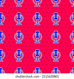 Blue Microphone icon isolated seamless pattern on red background. On air radio mic microphone. Speaker sign.  Vector