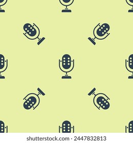 Blue Microphone icon isolated seamless pattern on yellow background. On air radio mic microphone. Speaker sign.  Vector