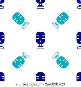 O ícone de microfone azul isolou um padrão perfeito em fundo branco. No microfone do microfone do rádio do ar. Sinal do alto-falante.  Vetor