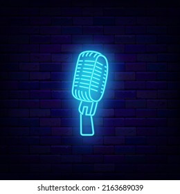 Blue microphone neon icon. Stand up comedy show. Karaoke and radio. Music talent show. Night bright signboard. Glowing effect. Editable stroke. Vector stock illustration