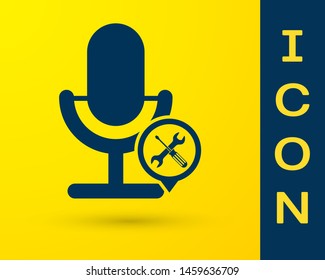 Blue Microphone with screwdriver and wrench icon isolated on yellow background. Adjusting, service, setting, maintenance, repair, fixing.  Vector Illustration