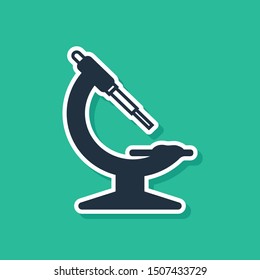 Blue Microscope icon isolated on green background. Chemistry, pharmaceutical instrument, microbiology magnifying tool.  Vector Illustration