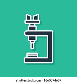 Blue Microscope icon isolated on green background. Chemistry, pharmaceutical instrument, microbiology magnifying tool.  Vector Illustration