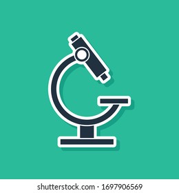 Blue Microscope icon isolated on green background. Chemistry, pharmaceutical instrument, microbiology magnifying tool.  Vector Illustration
