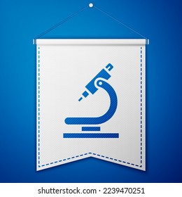 Blue Microscope icon isolated on blue background. Chemistry, pharmaceutical instrument, microbiology magnifying tool. White pennant template. Vector Illustration