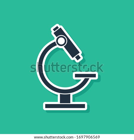 Blue Microscope icon isolated on green background. Chemistry, pharmaceutical instrument, microbiology magnifying tool.  Vector Illustration
