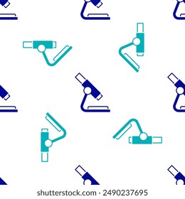 Blue Microscope icon isolated seamless pattern on white background. Chemistry, pharmaceutical instrument, microbiology magnifying tool.  Vector